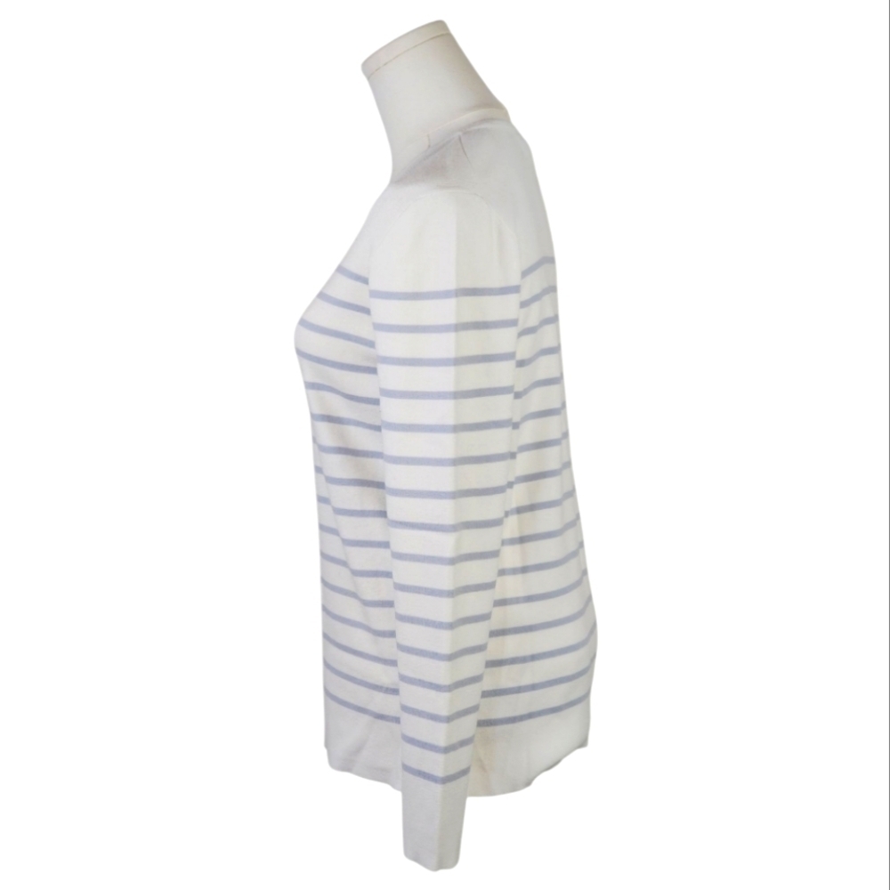 Kirkland Signature White Blue Striped Crewneck Sweater Small Lightweight Knit - Picture 4 of 7